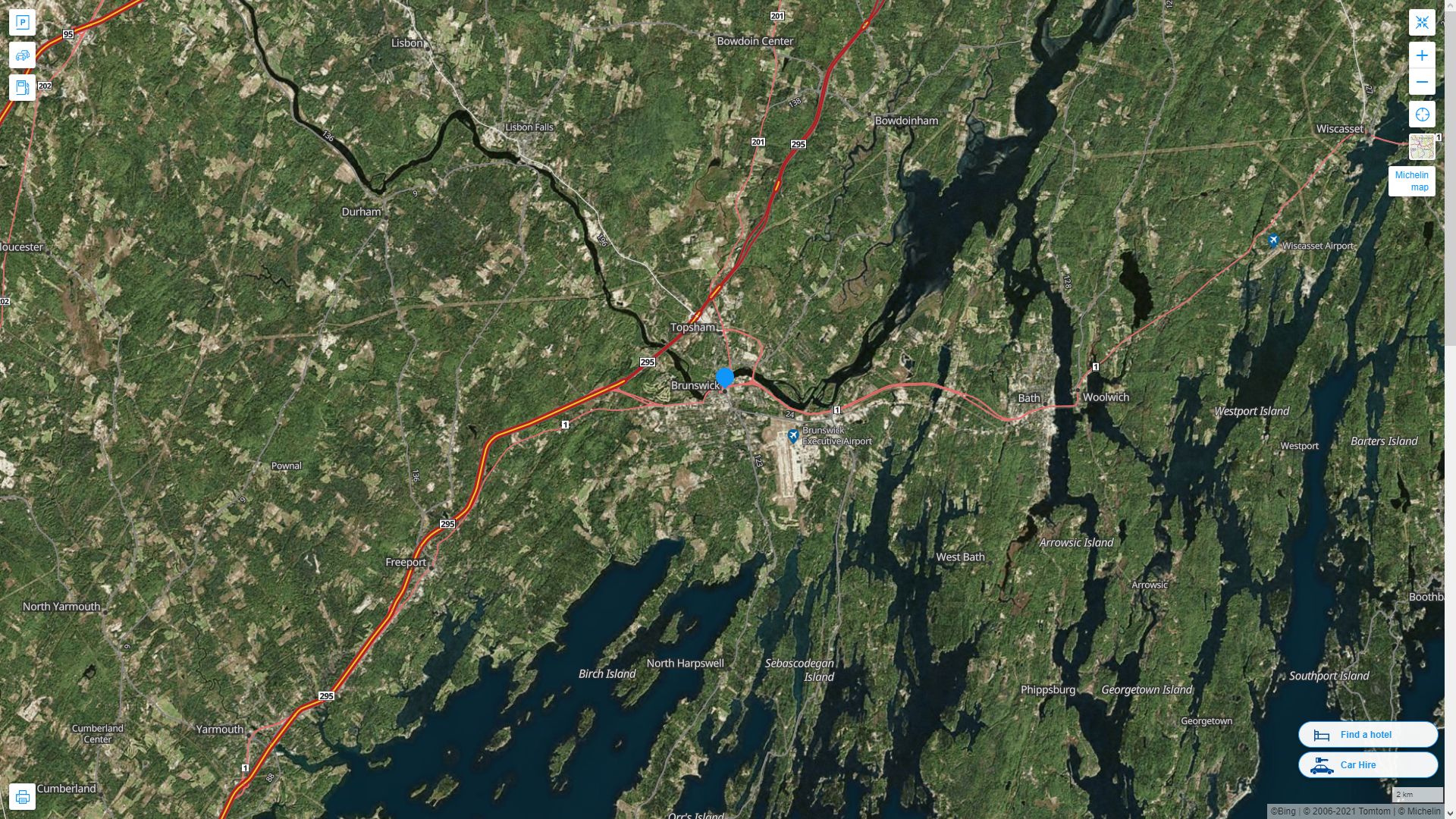 Brunswick Maine Highway and Road Map with Satellite View